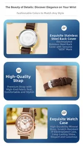 Close-up of leather strap buckle and stainless steel case back with brand engraving
