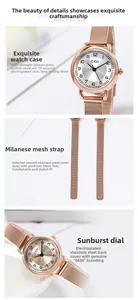 Vues détaillées de la montre à quartz en or rose avec cadran soleil et bracelet maille