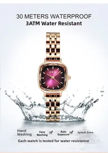 Detail of rose gold square watch with purple dial showing 30M water resistance