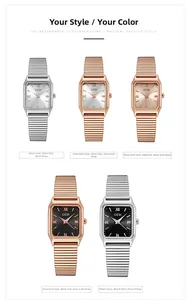 Rectangle quartz watches with Roman numerals and metal bands in five color options