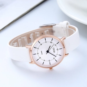Elegant women's quartz watch with white leather strap and rose gold round metal case