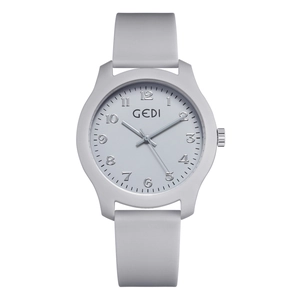 Minimalist grey quartz watch with round silicone strap and silver Arabic numerals for women