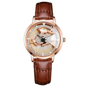 Women's rose gold quartz watch with crystal deer dial and brown leather strap