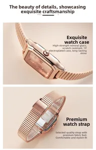 Detail of rose gold square watch featuring mineral glass and flexible metal strap