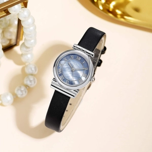 Retro luxury women's quartz watch with blue MOP dial and black leather strap