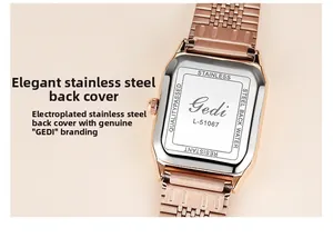 Detailed macro view of Gedi watch stainless steel back case with model L-51067 engraving
