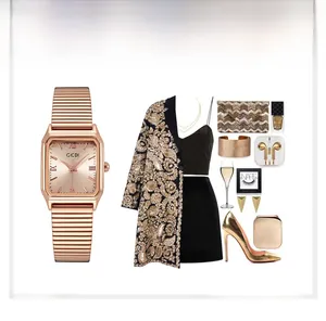 Rose gold square quartz watch styled with elegant evening wear and luxury accessories