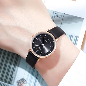 Elegant women's rose gold quartz watch with minimalist black dial and leather strap