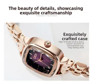 Detail of rose gold square watch with mineral glass and IP plated case for women
