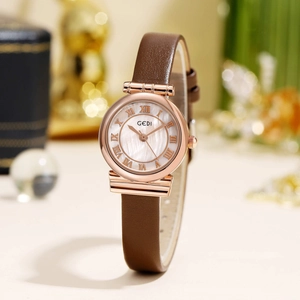 GEDI retro quartz watch with mother-of-pearl dial and brown leather strap for women