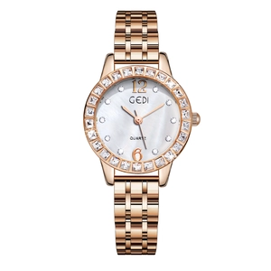 Women's luxury quartz watch with rose gold strap and mother of pearl dial with crystals