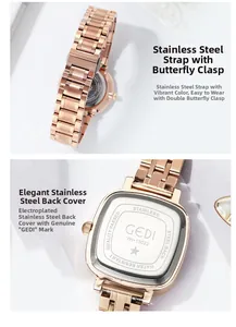 Detailed macro of the GEDY rose gold watch stainless steel back cover and butterfly clasp
