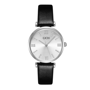 Elegant GEDI women's quartz watch with silver sunray dial and black leather strap