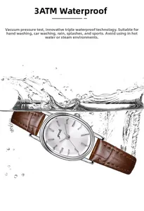 Waterproof oval silver watch with brown leather strap splashing in water 3ATM view