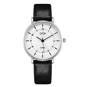 GEDI minimalist quartz watch with black leather strap and silver Roman numeral dial