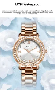 Detail of rose gold ladies watch with 3ATM water resistance and crystal bezel decoration