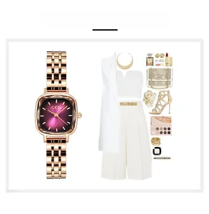 Detail of rose gold square quartz watch for women with purple gradient dial and metal band