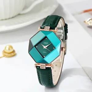 Women Quartz Watch Octagonal Geometric Glass Emerald Green Dial Rhinestone Alloy Case Leather Strap Fashion Elegant