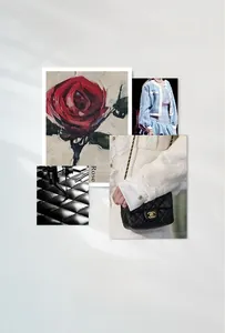 Detail of black quilted leather long wallet featuring rose-inspired gold hardware buckle