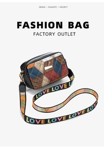 Detail of multi-color patchwork camera bag with rainbow LOVE printed fabric strap