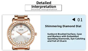 Detail of GEDI rose gold watch featuring a diamond-set bezel and sunray dial