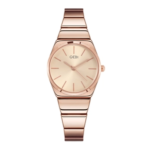 Minimalist rose gold stainless steel watch with bamboo style bracelet for women