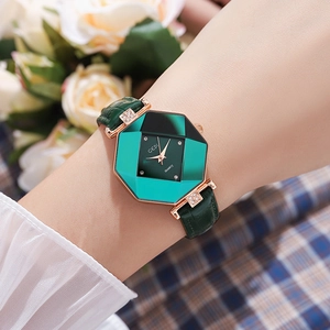 Elegant women's octagon rose gold quartz watch with emerald green dial and leather strap