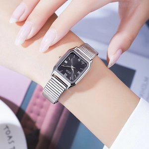 Minimalist square silver quartz watch for women with black roman dial and metal band