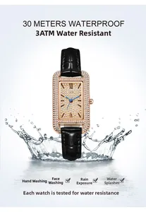 Waterproof women's square rose gold watch with sparkling diamonds and black leather strap