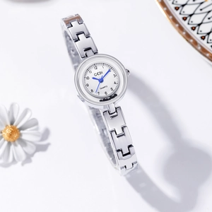 Ladies Fashion Bracelet Watch Alloy Chain Strap Small Round Dial Blue Hands Waterproof Elegant Rhinestone Wristwatch