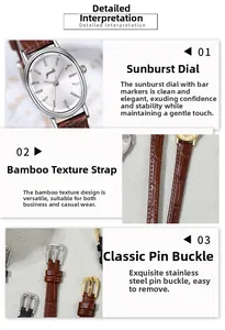 Detail of vintage oval watch featuring silver sunray dial and brown bamboo leather strap