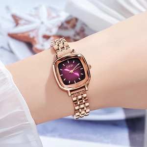 Chic rose gold square quartz watch with purple gradient dial on woman's wrist