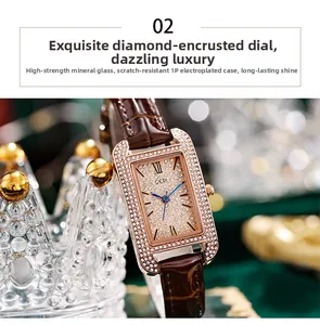 Detail of GEDI rectangular watch with crystal-encrusted dial and brown leather strap