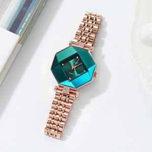 Elegant octagon quartz watch for women with rose gold strap and emerald green dial
