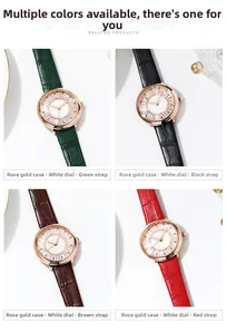 Detailed view of four stylish leather strap watches with zircon markers in a grid layout