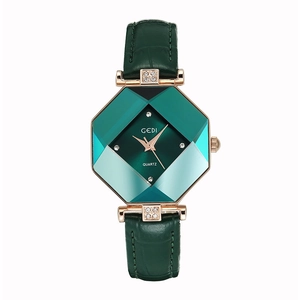 Octagonal green quartz watch for women with rose gold case and green leather strap