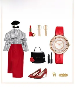 Women's fashion set featuring red leather strap watch and matching elegant accessories