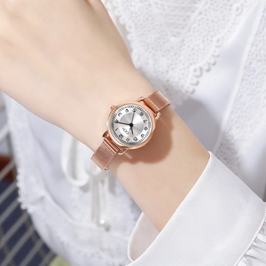 Élégante montre femme en or rose avec bracelet en maille et cadran argenté rond GEDI