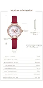 Detailed specs of women quartz watch with diamond bezel and burgundy leather strap