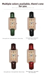Detail of elegant rectangular rose gold watches with crystal bezels in four leather colors