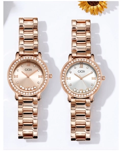 Detail of luxury rose gold steel watch featuring floating rhinestones and crystal bezel