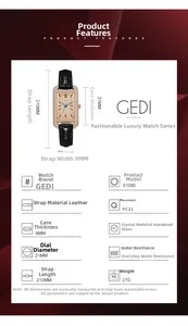 Detailed specs of square diamond-encrusted quartz watch with black leather strap