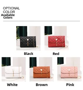 Detailed view of quilted chain bags featuring cat head pearl tassels in five colors