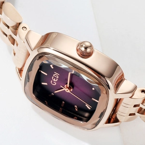 Minimalist square quartz watch for women with rose gold steel strap and purple gradient dial