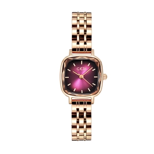 Minimalist square rose gold women's watch with purple sunray dial and steel strap