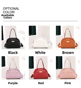 Collage of quilted PU leather handbags in six colors with gold metal logo and wide straps