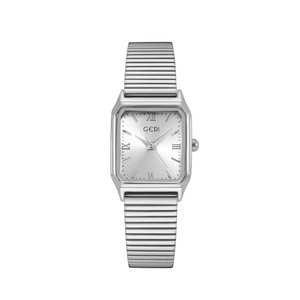 Minimalist square silver watch with Roman numerals and flexible metal stretch band