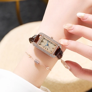 Elegant ladies square quartz watch with diamond bezel and stylish brown leather strap