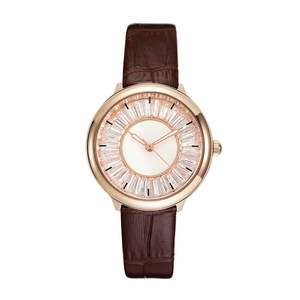 Women's luxury watch with rose gold case, starry crystal bezel and brown leather strap