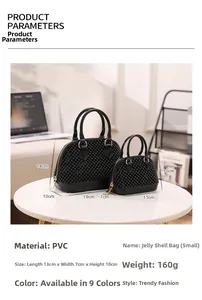 Detail view of black PVC jelly shell bags with rivet texture and dual sizes on table